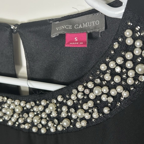 *NWT* Vince Camuto Pearl Beaded Collar Black Blouse Sheer Sleeve- Women's SMALL - Picture 2 of 10